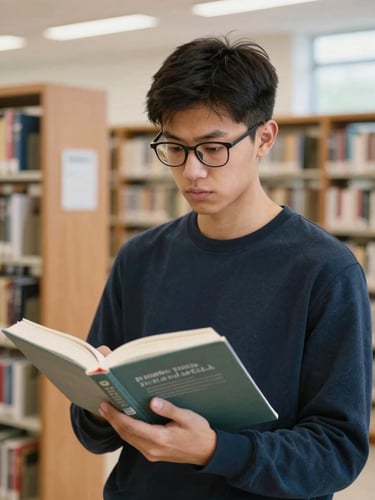 A medium-close environmental portrait of a focused student in a bright, naturally lit university library, holding a textbook, looking determined, 35mm lens, documentary style