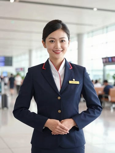 A smiling airport VIP greeter in a tailored uniform holding a personalized gold name board inside a bright, modern, sunlit Vietnamese terminal, shallow depth of field, 35mm