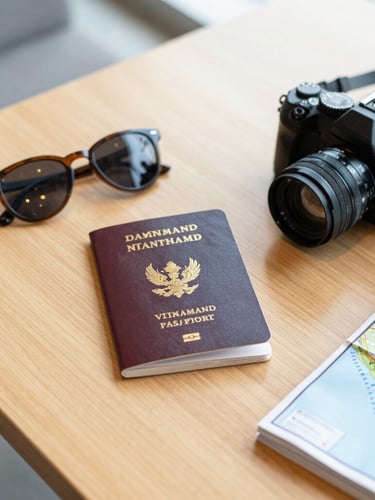 An uncluttered flat-lay of travel essentials on a light wooden table: a passport with Vietnamese visa stamp, sunglasses, a camera, and a map of Nha Trang, warm golden light