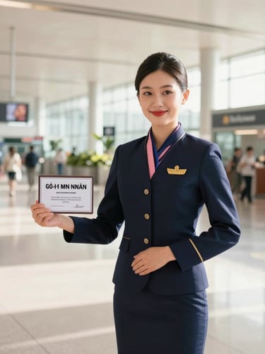 A professional airport concierge greeter in a sharp navy uniform holding a personalized name board, standing inside a bright, clean, sun-drenched Vietnamese airport terminal, 35mm photography.