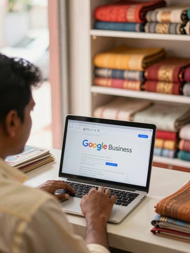 Over-the-shoulder view of a Tamil business owner optimizing their Google Business Profile on a laptop inside a bright textile shop, warm South Indian morning light.