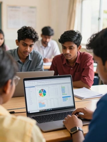 Over-the-shoulder view of South Indian students collaborating over a laptop in a bright, sunlit classroom in Chennai, displaying clear campaign analytics.