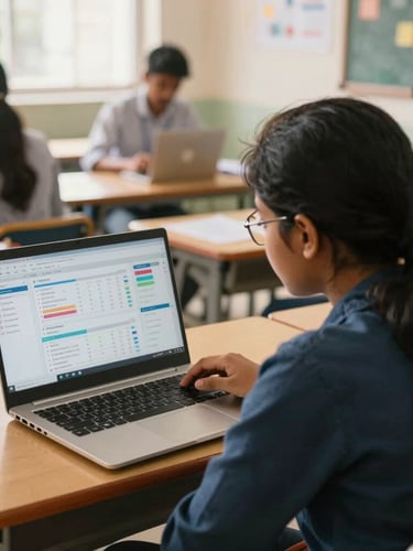 Over-the-shoulder view of a student analyzing a live marketing dashboard on a laptop in a bright Coimbatore classroom, warm natural daylight