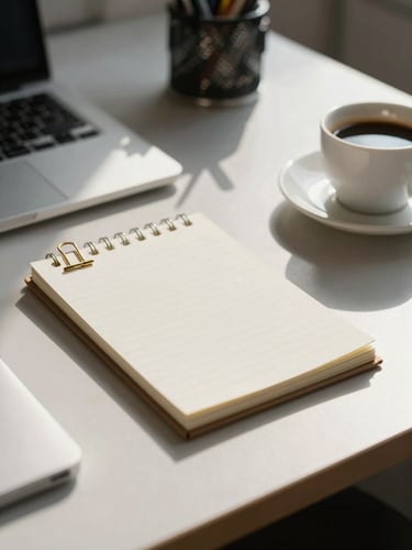 A quiet, sunlit Windsor office desk with a clean notepad, gold paperclip, and a cup of coffee, soft natural light.