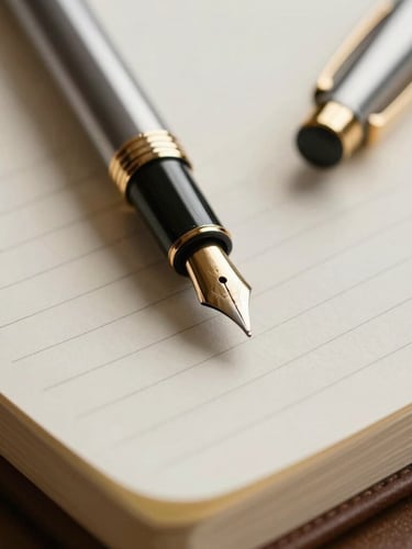 Close-up shot of a fountain pen resting on a clean physical ledger, warm side-lighting, elegant and professional atmosphere.