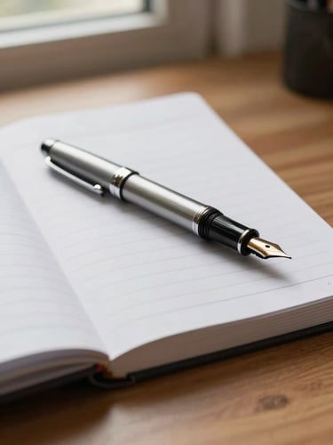 Close-up of a fountain pen resting on a clean physical ledger book on a warm wooden desk, soft side-lighting from an office window, highly professional and organized.