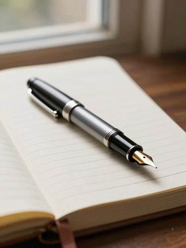 Close-up of a fountain pen resting on a physical ledger book, soft natural side-light from a window, warm editorial tones.