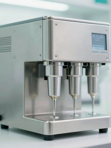 Minimalist stainless steel laboratory equipment, precise automated cosmetic filling line, sterile white background, soft green lighting, macro depth of field, 35mm