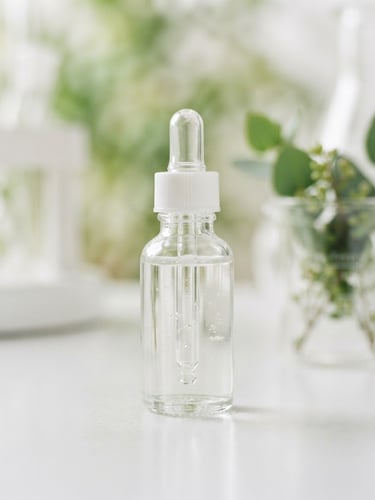 Clean laboratory photography, bright clinical daylight, a minimalist glass bottle with a clear serum, soft green botanical extract in the background, macro depth of field, 35mm