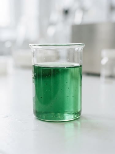 Clean laboratory photography with bright clinical daylight, a minimalist glass beaker filled with clear green botanical serum, soft shadows, macro depth of field, 35mm