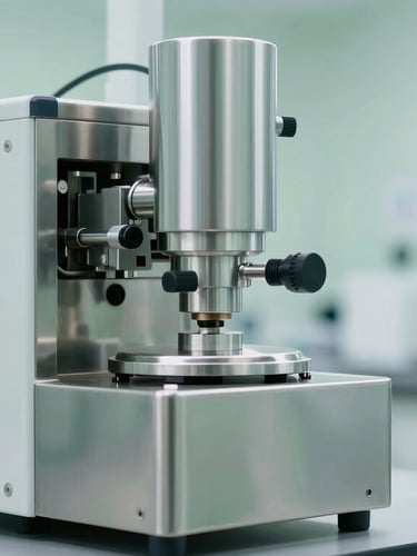 Stainless steel cosmetic manufacturing equipment in a clean-room laboratory, bright clinical daylight, soft green tones, professional setup, 35mm