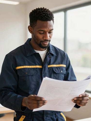 Medium-close environmental portrait of a professional African American contractor reviewing plans in a well-organized office, warm natural window light, shallow depth of field, 35mm