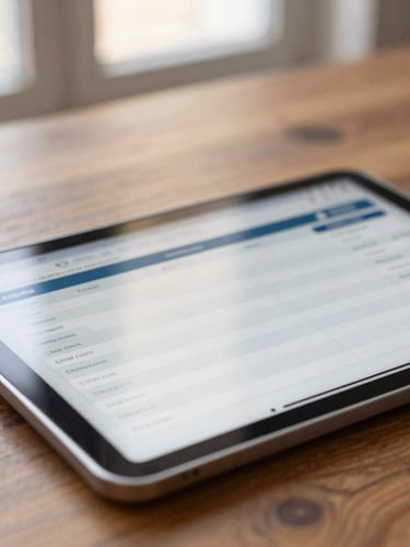 Close-up of a tablet showing a clean cash-flow dashboard on a wooden desk, warm natural window light, deep navy and gold accents, shallow depth of field, 35mm