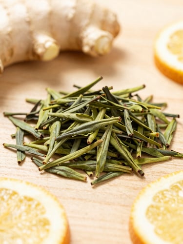 Soft-focus flat lay of green tea leaves, ginger root, and citrus slices on a warm wooden surface, bright natural morning light, clean wellness aesthetic