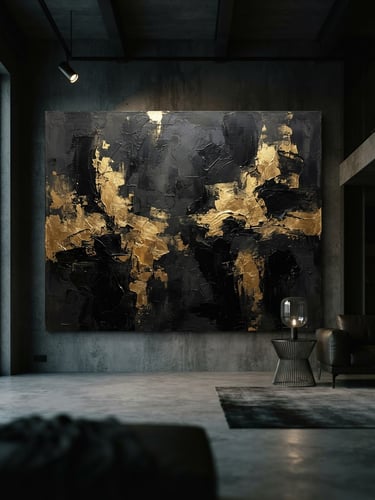 Dramatic wide-angle photograph of a massive black and gold canvas hanging in a minimalist concrete loft, low-key side lighting, deep shadows, 35mm