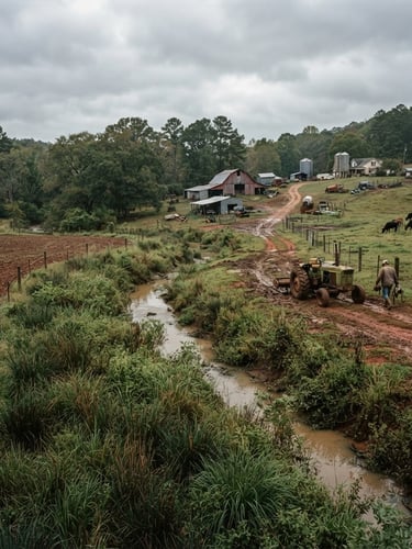 A wide environmental shot of a Georgia family farm at overcast dawn, clay soil visible, deep-root native grasses planted along a creek buffer, realistic grit, 35mm.