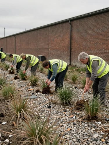 Medium-wide documentary shot of workers in high-vis vests planting deep-root native grasses along a gravel bioswale channel next to a brick factory wall, overcast daylight, earthy desaturated tones, realistic grit