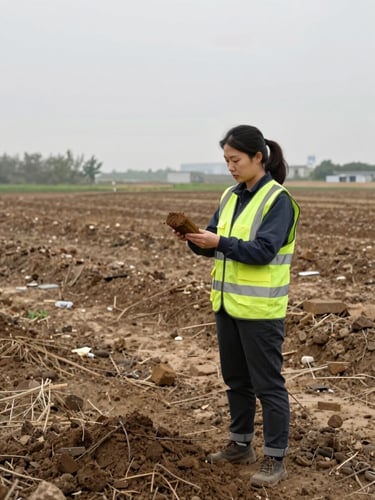 A female soil scientist in a high-vis vest holding a soil core sample on an active restoration site, background of an agricultural field, overcast daylight, documentary style