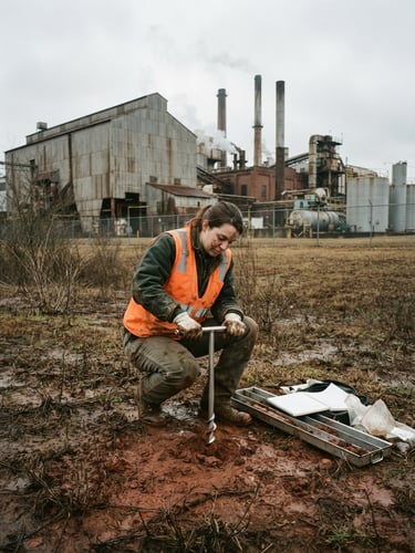 documentary environmental photography of a scientist in a high-vis vest taking a soil core sample in a clay-rich field bordering an industrial mill, overcast Georgia morning daylight, earthy desaturated tones, wide-angle lens, realistic grit, 35mm