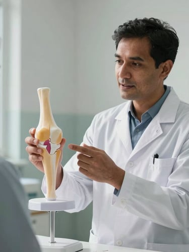 Medium shot of Dr. Waghe in a clean, white-coated medical uniform, holding an anatomical knee model and explaining joint mechanics to a patient. Bright natural clinical lighting, sterile environment, geometric layout.