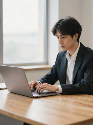 A focused employee sitting at a clean wooden desk with a laptop, bright natural window light, warm clean tones, shallow depth of field, 35mm