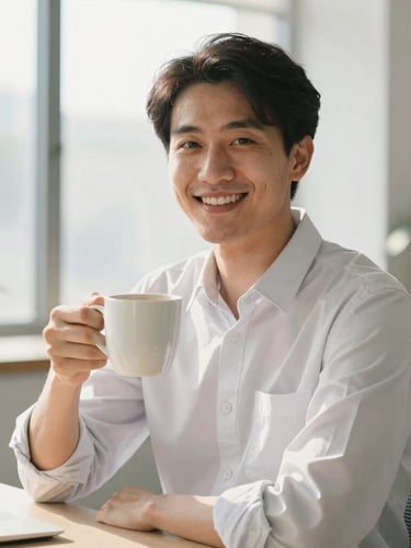Candid medium portrait of a smiling male operations specialist in a bright, sunlit office, holding a coffee mug, warm clean tones, shallow depth of field, 35mm