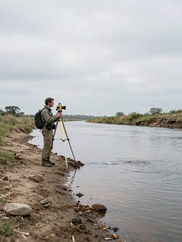 Wide environmental shot of a field surveyor standing at the bank of a shallow southwestern waterway, holding survey equipment, overcast natural daylight, cool gray sky, earth-toned streambed visible in foreground, water surface reflecting diffuse light — subject placed left third, open water and far bank filling the right