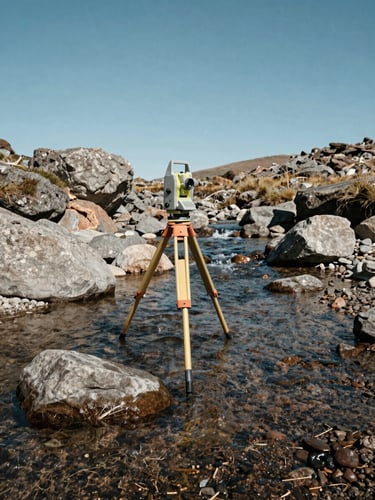 Wide environmental shot from the left bank of a shallow mountain stream, a surveyor's total station and range pole planted in the water at center-left, clear daylight overhead, gray boulders and earth tones framing the water, generous sky in the upper third