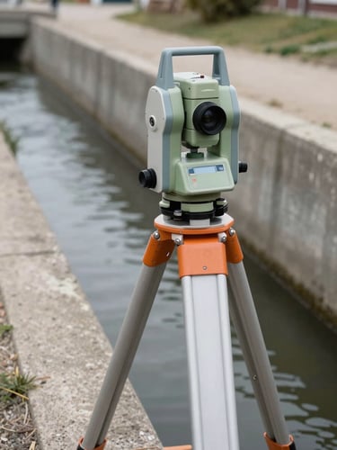 Close-up side angle of a concrete-lined municipal drainage channel, surveyor's total station instrument set up on the bank, overcast natural daylight, gray and earth tones, water flowing at low stage, no people, clean technical framing