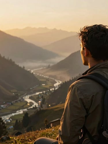 A close-up of a traveler looking out over a misty valley in Kashmir at golden hour, warm editorial travel photography, golden-hour natural light, rich saturated tones, cinematic composition, 35mm lens