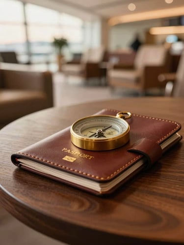An elegant leather passport holder and brass compass resting on a dark wooden table inside a luxury airport lounge, soft warm lighting, editorial travel photography