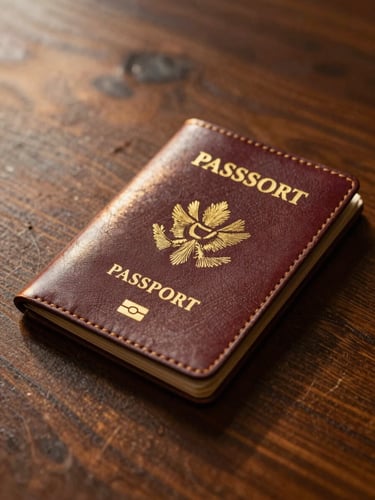 A close-up of a vintage leather passport holder on a dark wooden table, soft golden light catching the gold-embossed details.
