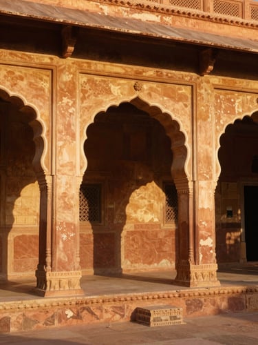 Warm golden-hour sunlight hitting the intricate sandstone arches of a Rajasthani palace courtyard, cinematic composition, 35mm lens