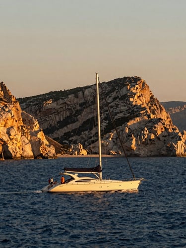 A wide-angle, warm golden-hour shot of a luxury sailing yacht gliding through deep blue Grecian waters, dramatic cliffs in the background.