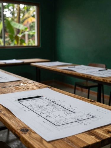 Taller de co-diseño comunitario en el interior de Panamá, planos sobre mesas de madera, luz natural de tarde, enfoque documental