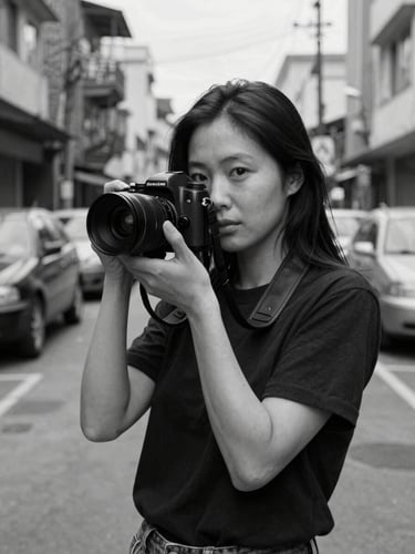 Jessica Kim, documentary photographer, holding a camera in an urban community setting, soft daylight, high contrast black and white portrait, 35mm lens.
