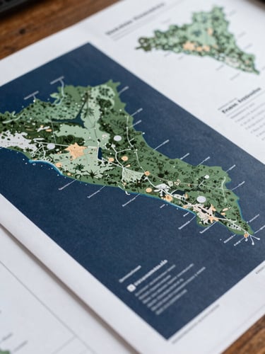 Plano detalle de documentos técnicos de viabilidad y gráficos de análisis de datos territoriales impresos, luz natural suave