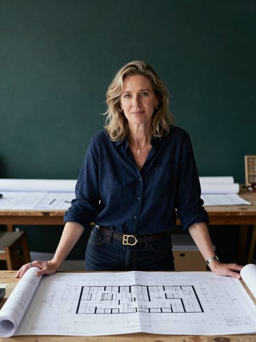Documentary portrait of Esther Bryce, founder and interior designer, working in her studio with blueprints, soft natural daylight, high contrast black and white, 35mm lens.
