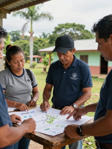 Documentary photography of a community co-design session in a rural Panamanian village under soft natural daylight, local residents and planners reviewing a master plan together, 35mm lens.