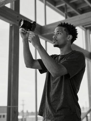 Jaden Smith, architect, inspecting a construction framework, soft natural light, high contrast black and white portrait, 35mm lens.