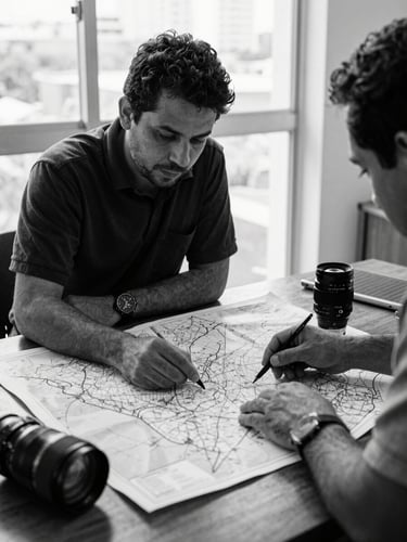 Documentary portrait of urban planners analyzing a large physical map of Panama City on a wooden table, soft natural window light, 35mm lens, high contrast black and white.