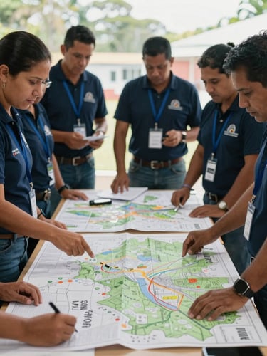 Wide documentary angle of a territorial planning workshop in Panama, team analyzing maps on a table, soft natural daylight, deep indigo and dark green tones, 35mm lens