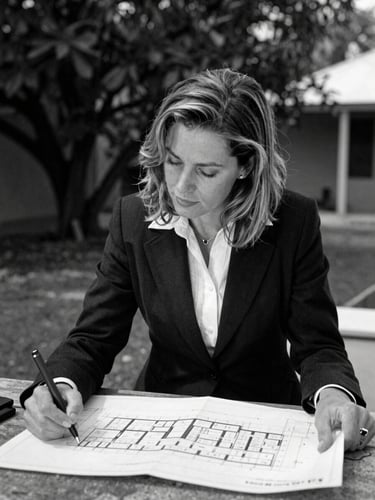 Lianne Wilson, real estate broker, looking at architectural plans on site in Panama City, natural daylight, high contrast black and white portrait, 35mm lens.