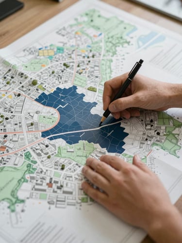 Plano amplio de un mapa de zonificación urbana extendido sobre una mesa técnica de trabajo, manos señalando un sector, luz natural suave de día nublado