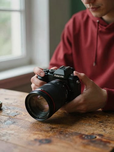Tight environmental portrait of a photographer adjusting a camera lens over a rustic wooden table, soft north-facing window light, rich crimson accents, 35mm style