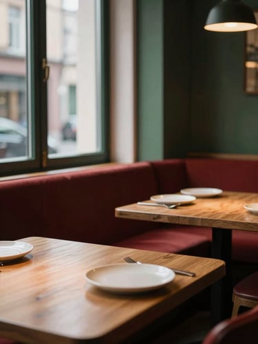 Cozy Scandinavian-style restaurant interior with warm window light, empty wooden tables, minimalist ceramic plates, moody low-key shadows
