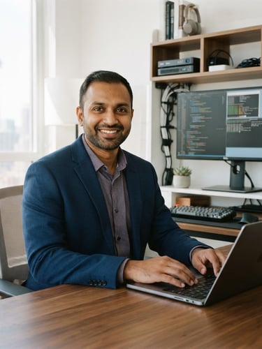 A professional portrait of Akibhusen Shekh, an IT specialist, in a bright modern Toronto home office, clean technology setup in the background, natural daylight, 35mm photography