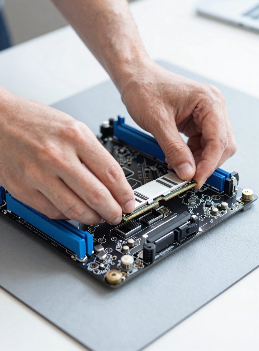 A close-up of hands carefully installing a high-speed RAM module into a modern motherboard on a clean anti-static mat, bright natural daylight, cool blue accents, sharp focus