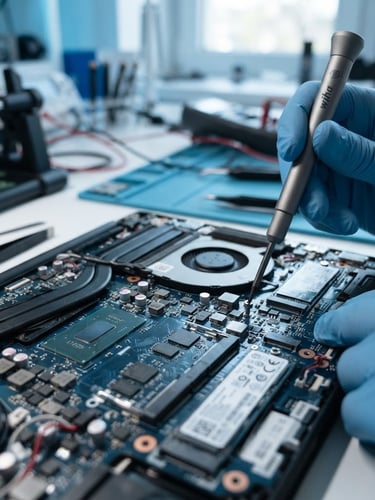Close-up of a modern laptop motherboard under crisp cool-toned diagnostic light, hands holding a precision screwdriver, sharp focus, 35mm