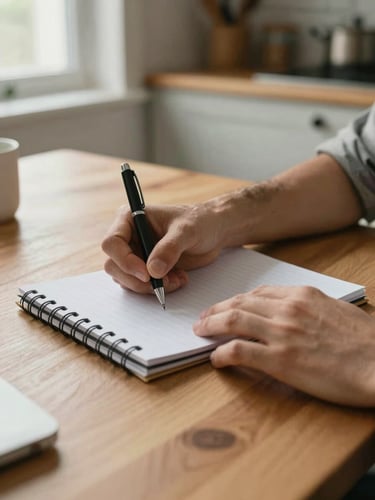 Intimate close frame: two people's hands resting on a notepad on a kitchen table, a pen set aside, soft natural light from a window to the left, warm wood surface, unhurried atmosphere